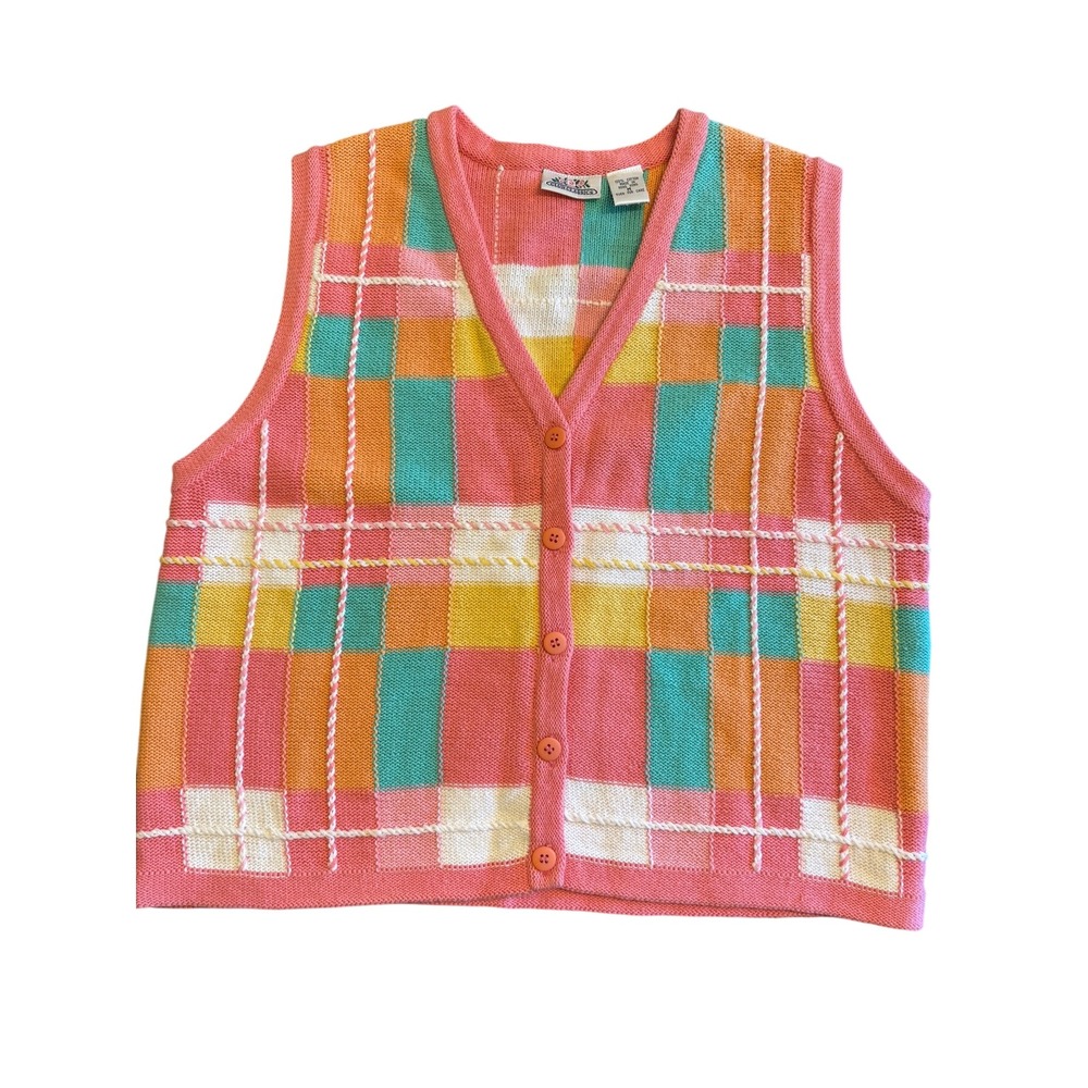VTG Club Classics Knit Vest Women M Pink Plaid Button Golf Grandmacore Cottage